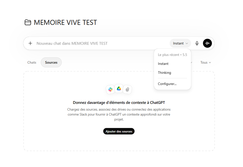 Menu de choix du modèle dans ChatGPT : Instant, Thinking