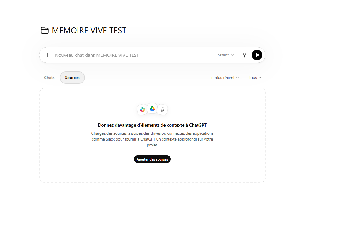 Onglet Sources du projet ChatGPT avec le bouton Ajouter des sources