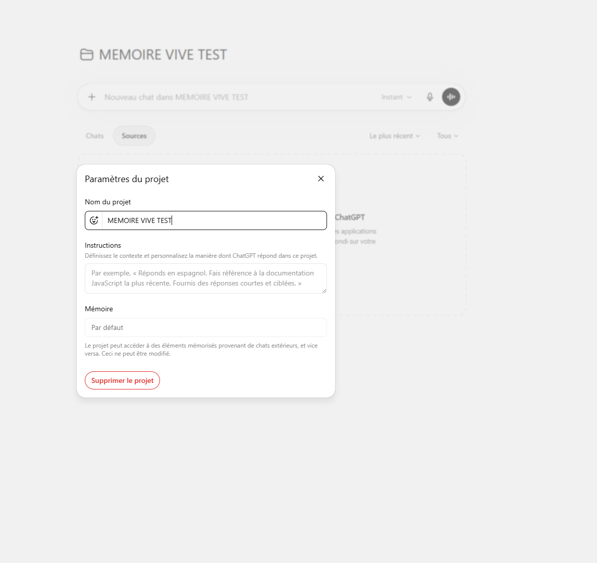 Fenêtre Paramètres du projet ChatGPT avec le champ Instructions