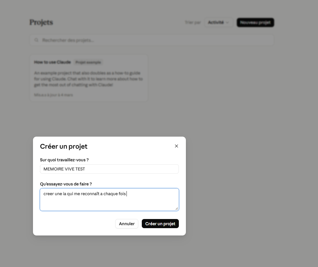 Fenêtre Créer un projet de Claude avec le nom et la description remplis
