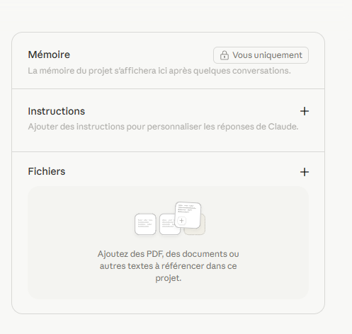 Panneau de droite d'un projet Claude : sections Mémoire, Instructions et Fichiers
