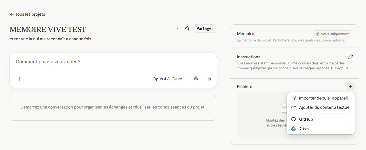 Menu + de la section Fichiers ouvert dans Claude : Importer depuis l'appareil, Ajouter du contenu textuel, GitHub, Drive
