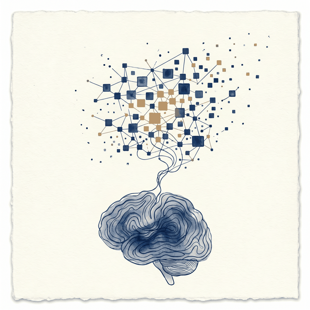 Illustration aquarelle : une silhouette d'où émane un fil d'encre en constellation