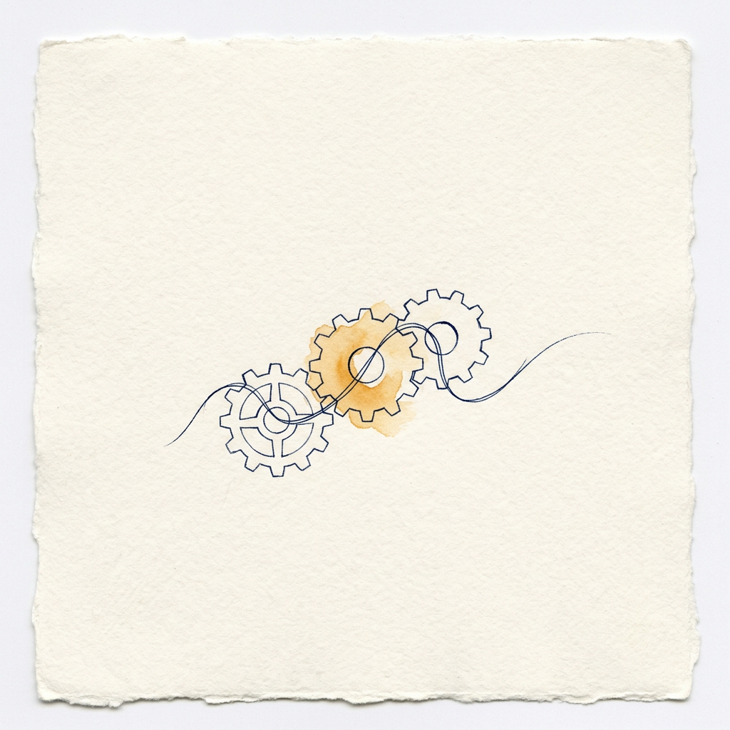 Illustration : trois engrenages reliés par un fil
